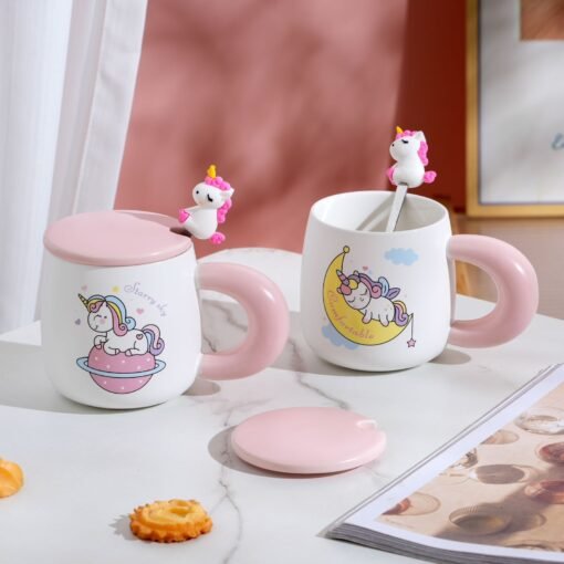 Taza de Cerámica con Tapa + Cucharita Unicornio